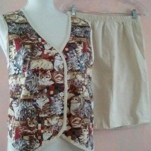 Vintage Third Generation Cat Patterned Vest & Cream Shorts Set - L/XL - NWT